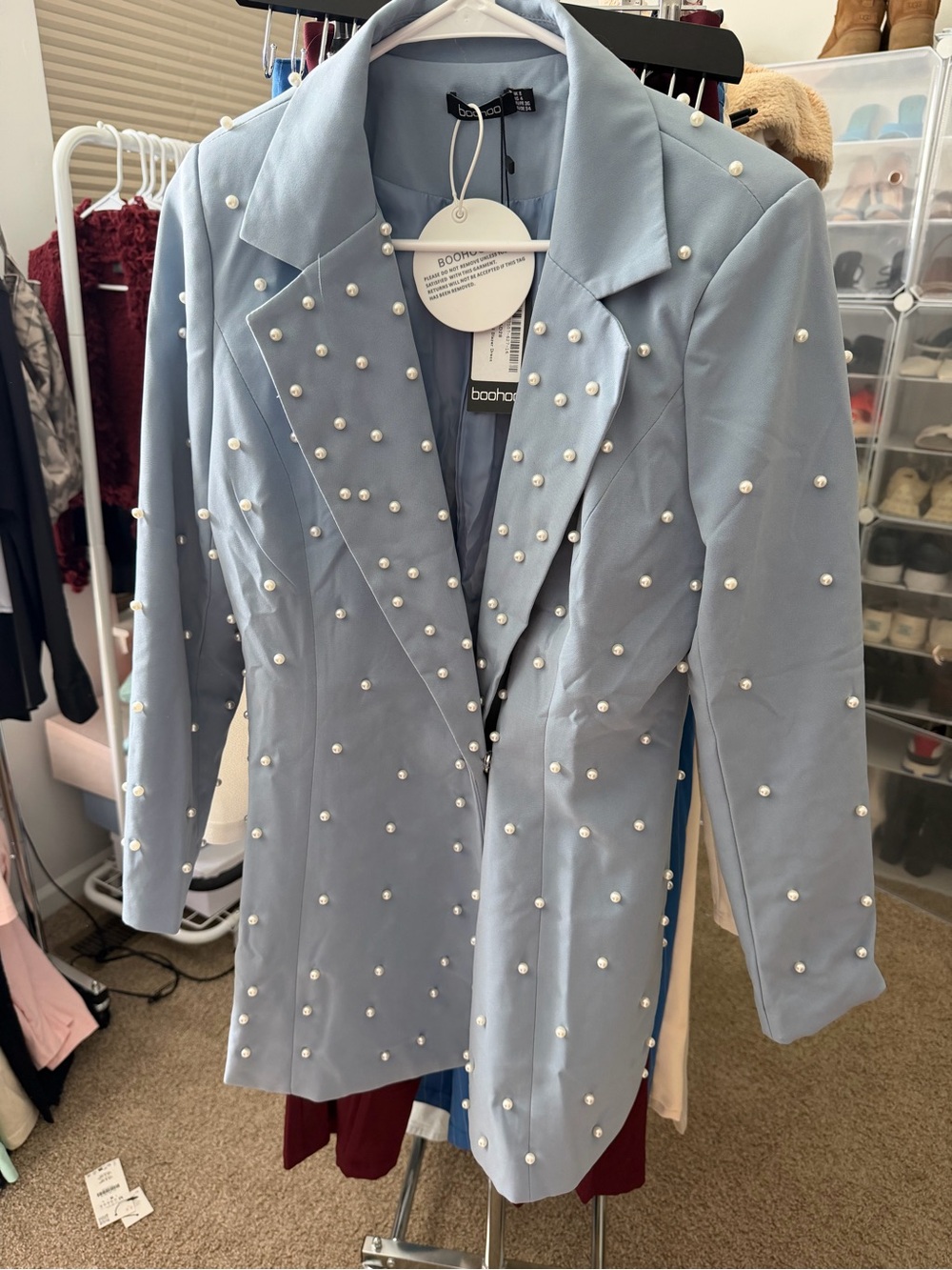 boohoo Light Blue Pearl-Embellished Blazer - Picture 2 of 4